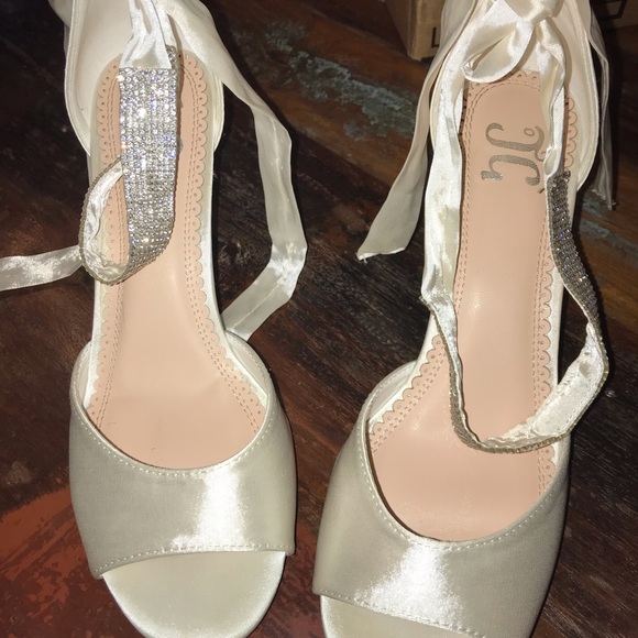 Off white pumps with jewel accent ribbon strap - Picture 3 of 3